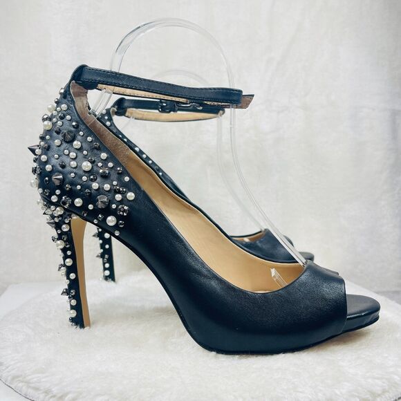 Gianni Bini Heels Women 8.5 Black Leather Peep Toe Studded Spiked Stiletto Pumps - Picture 1 of 9